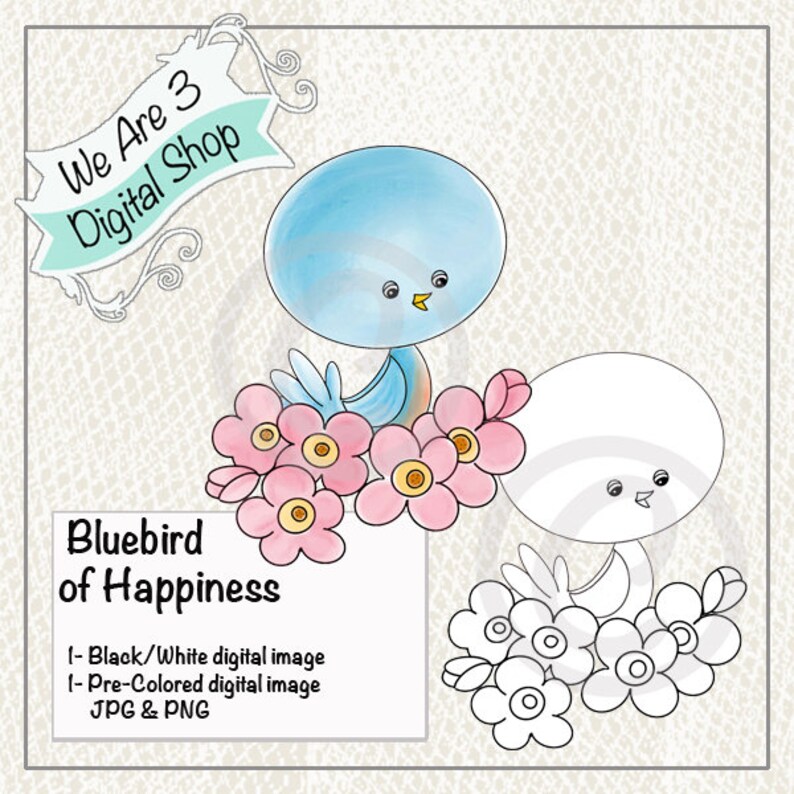 We Are 3 Digital Shop Bluebird of Happiness Bird Floral image 0