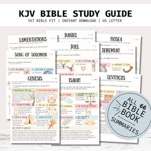 May include: A KJV Bible study guide featuring multiple pages with book titles like Genesis, Daniel, and Isaiah. Each page includes numbered summaries, pastel illustrations, and text. A circular badge states All 66 Bible Book Summaries.