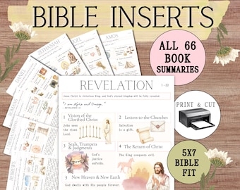 May include: Printable Bible inserts featuring summaries of all 66 books. The image includes a detailed summary of Revelation, with illustrations and text. The design is suitable for 5x7 Bible fit, with a print and cut option.
