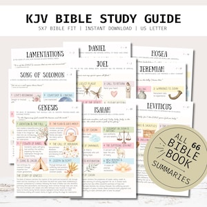 Puede incluir: Una guía de estudio bíblico KJV con varias páginas que contienen resúmenes de libros como Génesis, Daniel y Oseas. Cada página incluye encabezados, secciones numeradas e ilustraciones en acuarela. Una insignia circular indica All 66 Bible Book Summaries.