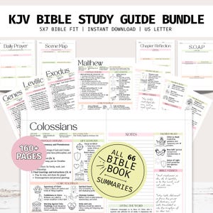 Może przedstawiać: Zestaw przewodników do studiowania Biblii KJV zawierający wiele stron do druku z nagłówkami takimi jak Daily Prayer, Scene Map oraz podsumowaniami dla Księgi Rodzaju, Wyjścia, Kapłańskiej, Ewangelii Mateusza i Listu do Kolosan. Zawiera 160+ stron.