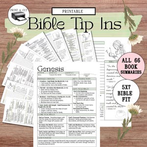 May include: Printable Bible study guides with the text "Bible Tip Ins" and "Genesis" are displayed. The guides include key characters, passage outlines, and core teachings. A printer icon and the text "Print & Cut" are visible.