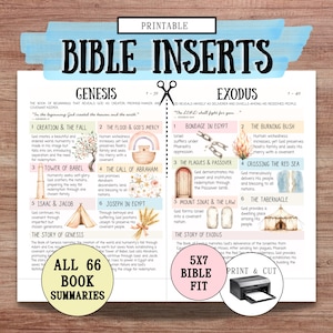 Könnte beinhalten: Druckbare Bibeleinlagen mit Zusammenfassungen von Genesis und Exodus. Das Design zeigt farbenfrohe Illustrationen und Text, einschließlich der Wörter "Druckbar", "Bibeleinlagen" und "Alle 66 Buchzusammenfassungen". Das Bild enthält auch ein Druckersymbol.