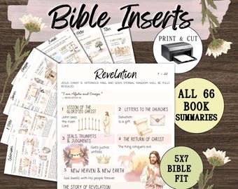 May include: A set of printable Bible inserts featuring summaries for all 66 books. The pages include illustrations, headings like Revelation, and text detailing biblical themes. Circular icons show a printer and the text 5x7 BIBLE FIT.