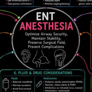 May include: A black educational infographic poster titled ENT ANESTHESIA with neon-colored outlines and text. It features ten sections covering core concepts, preoperative evaluation, intraoperative management, airway techniques, and emergency protocols.