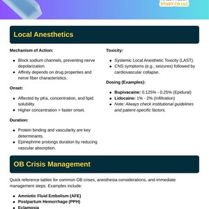 May include: An OB Anesthesia Study Guide document featuring sections on Local Anesthetics and OB Crisis Management. The text outlines mechanisms of action, toxicity, onset, duration, and dosing for drugs like Bupivacaine and Lidocaine.