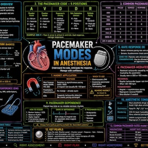 May include: An educational medical poster titled Pacemaker Modes in Anesthesia with a black background. It features detailed charts, diagrams of a human heart and pacemaker device, and text explaining pacemaker codes, common modes, rate response, electromagnetic interference, and clinical management strategies.