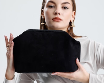 Frauen Clutch Tasche - Wildleder Schwarz Einzigartige Clutch Taschen, Minimal Elegante Abend Geldbörse