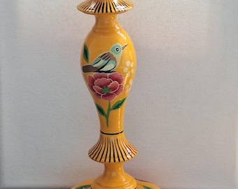 Vintage Hand Painted Wooden Folk Art Bird Floral Candlestick Holder Yellow wood