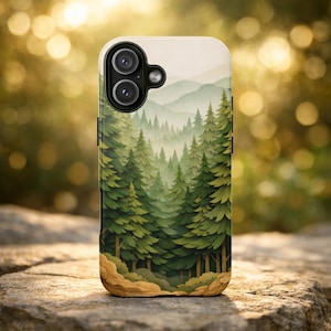 May include: A phone case featuring a watercolor painting of a forest scene. The design showcases tall green pine trees, misty mountains, and a light beige sky. The case has a camera cutout and a smooth finish.