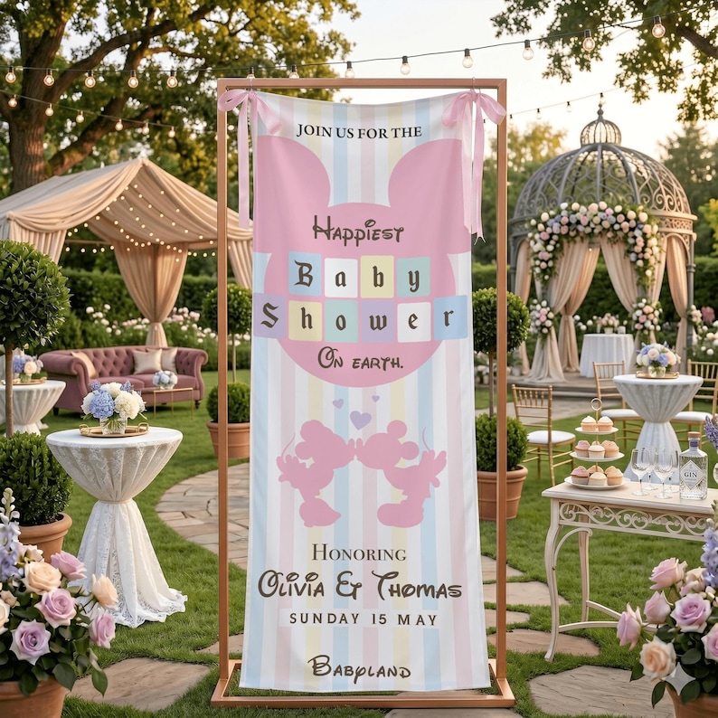 May include: A baby shower banner with a pastel striped background and the text "Happiest Baby Shower On Earth." The banner features Mickey and Minnie Mouse silhouettes and the names Olivia & Thomas. The event is on Sunday, May 15.