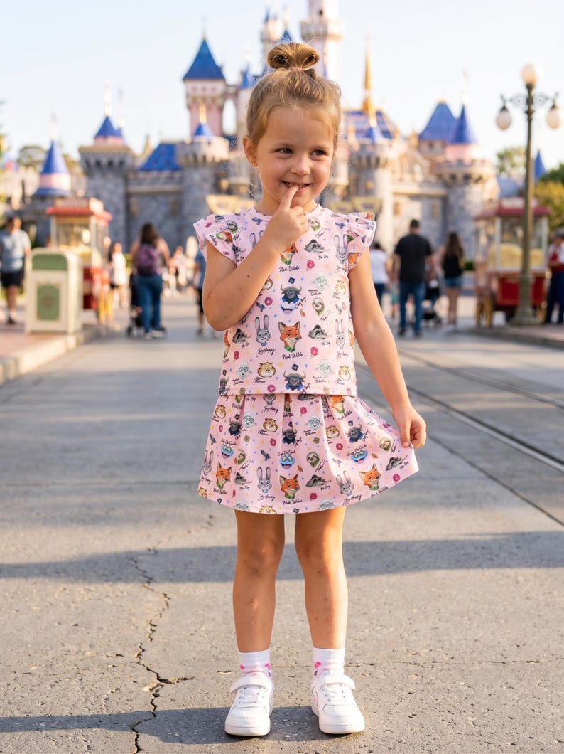 Puede incluir: Una ni&ntilde;a peque&ntilde;a con un conjunto rosa de dos piezas con estampado de personajes de dibujos animados. El conjunto incluye una camiseta con mangas con volantes y una falda plisada. El fondo muestra un castillo y un d&iacute;a soleado.