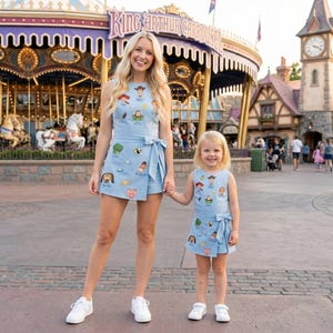 May include: Two light blue sleeveless skort rompers featuring a repeating pattern of various cartoon character faces and icons. Each garment has a side tie detail at the waist and a wrap-style front. The outfits are identical in color and print design.