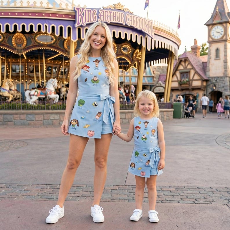 May include: Two light blue sleeveless skort rompers featuring a repeating pattern of various cartoon character faces and icons. Each garment has a side tie detail at the waist and a wrap-style front. The outfits are identical in color and print design.