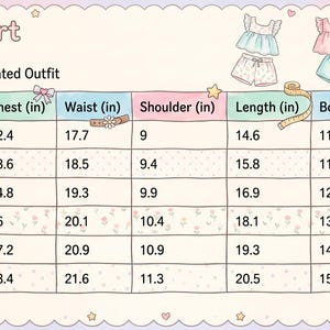 Puede incluir: Tabla de tallas para conjuntos coordinados para ni&ntilde;as de EE. UU. Incluye medidas de pecho, cintura, hombros, largo y largo de pantal&oacute;n en pulgadas para tallas de 2-3T a 7-8 a&ntilde;os. Con ilustraciones de conjuntos coordinados.