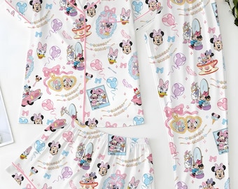 Magical Minnie Daisy Coquette Bow Little Thing Unisex Satin Pajamas Set, Disney Princess Pajamas, Long Sleeve And Short Styles