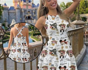Minimalist Black Line Art Mickey Pirate Women's Cross Back Dress, Pirate Night Open Back Twirl Dress, Disney Boutique Summer Vacation Gear