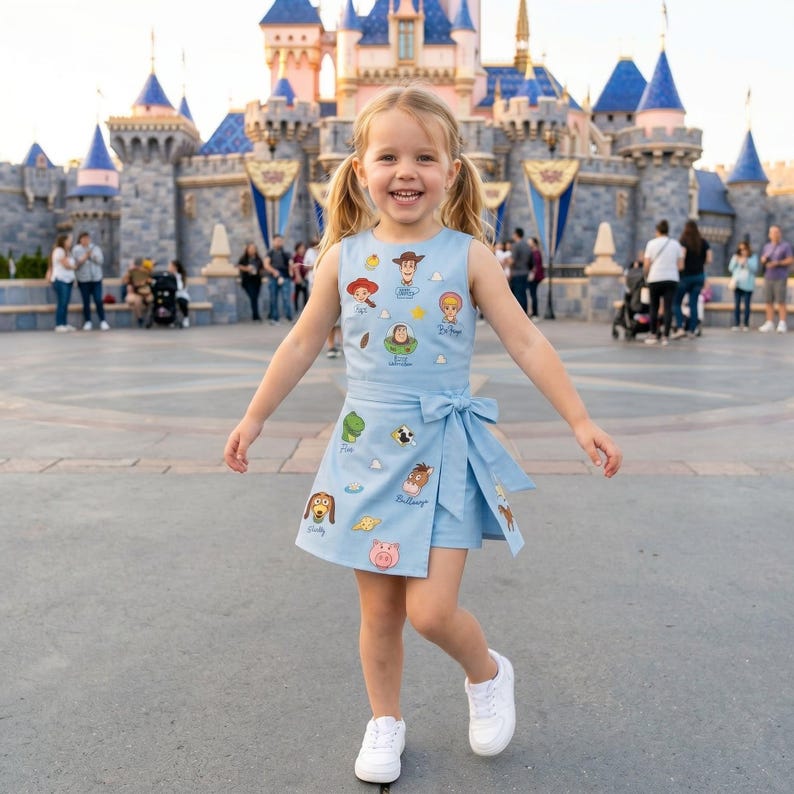 May include: A light blue sleeveless dress featuring a wrap-style skirt with a side tie and an all-over print of various cartoon characters including a cowboy, space ranger, cowgirl, dinosaur, pig, and dog, paired with white sneakers.