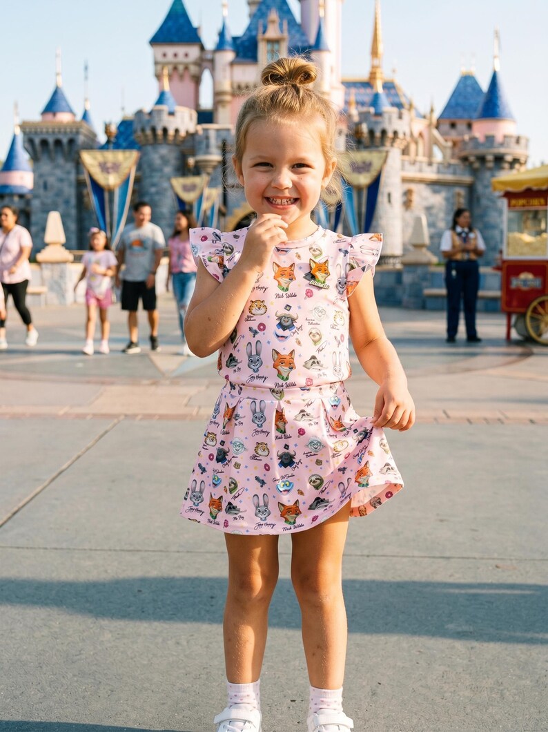 Puede incluir: Una ni&ntilde;a sonr&iacute;e, vestida con un conjunto rosa de dos piezas con estampado de animales de dibujos animados. El conjunto incluye una blusa con mangas con volantes y una falda plisada. El fondo presenta un castillo y personas.