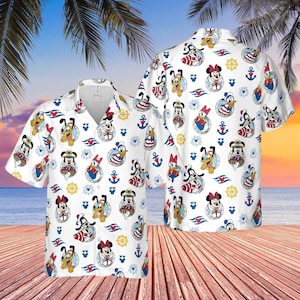 May include: White button-down shirt with a repeating pattern of cartoon characters, anchors, and nautical elements. The characters include Mickey Mouse, Minnie Mouse, Donald Duck, and Goofy. The shirt has short sleeves and a classic collar.