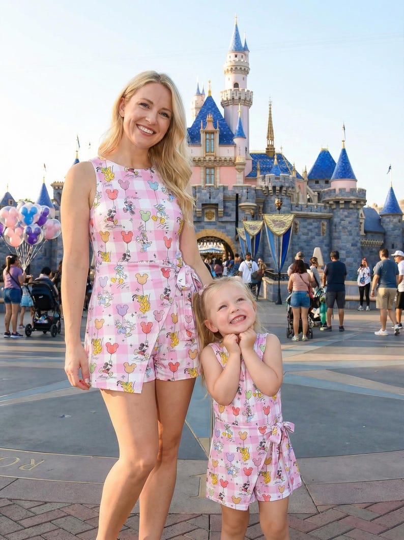 Może przedstawiać: Kobieta i małe dziecko noszą pasujące r&oacute;żowo-białe rompers w kratkę z grafiką balon&oacute;w Myszki Miki. Stoją przed bajkowym zamkiem z niebieskimi wieżami. Stroje mają prz&oacute;d w stylu kopertowym i kokardę w talii.