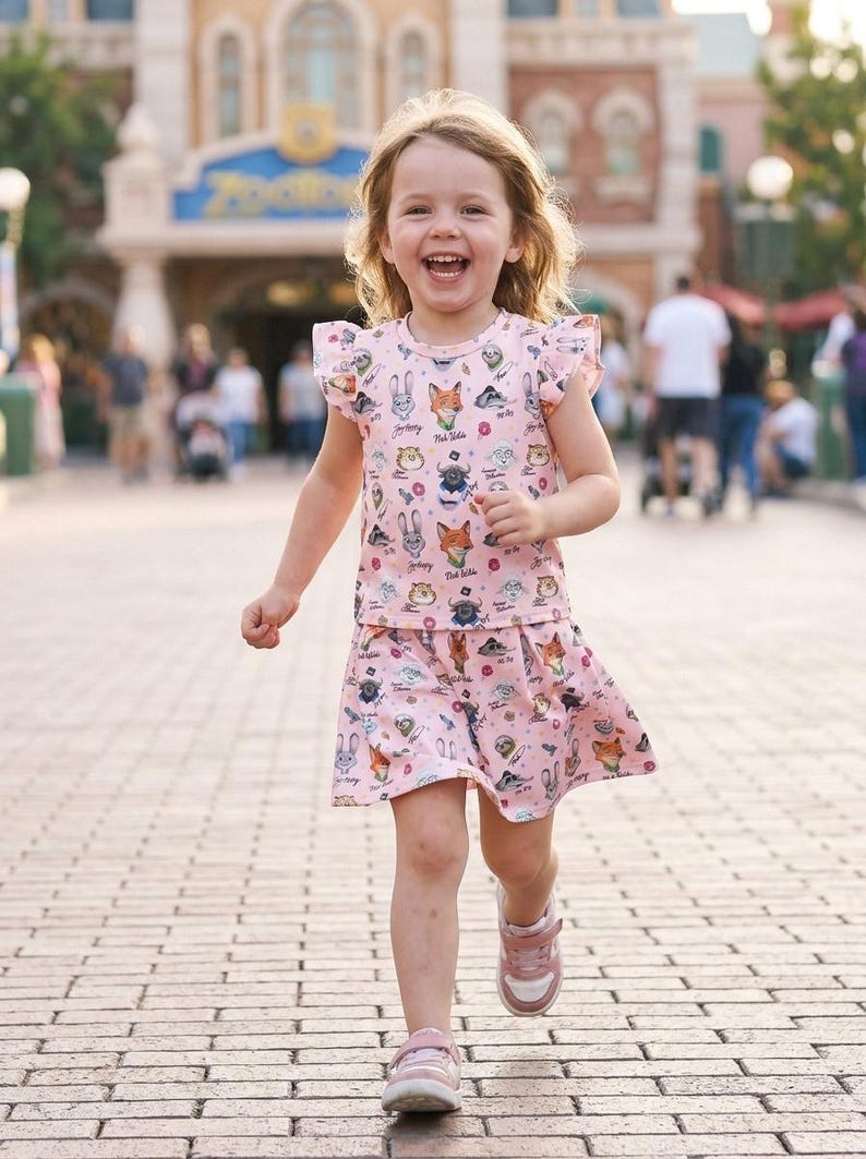 Puede incluir: Una ni&ntilde;a peque&ntilde;a con un conjunto rosa de dos piezas con un estampado de animales de dibujos animados, incluyendo zorros y conejos, corre hacia la c&aacute;mara. El conjunto consta de una camiseta de manga corta con volantes y una falda a juego. La ni&ntilde;a lleva zapatillas rosas.