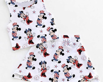 Mickey Mouse Coquette Bow USA Flag Patterned Activewear Set, Red White Blue Skort Outfit, 4th of July Gift, Patriotic Tennis Set for Women