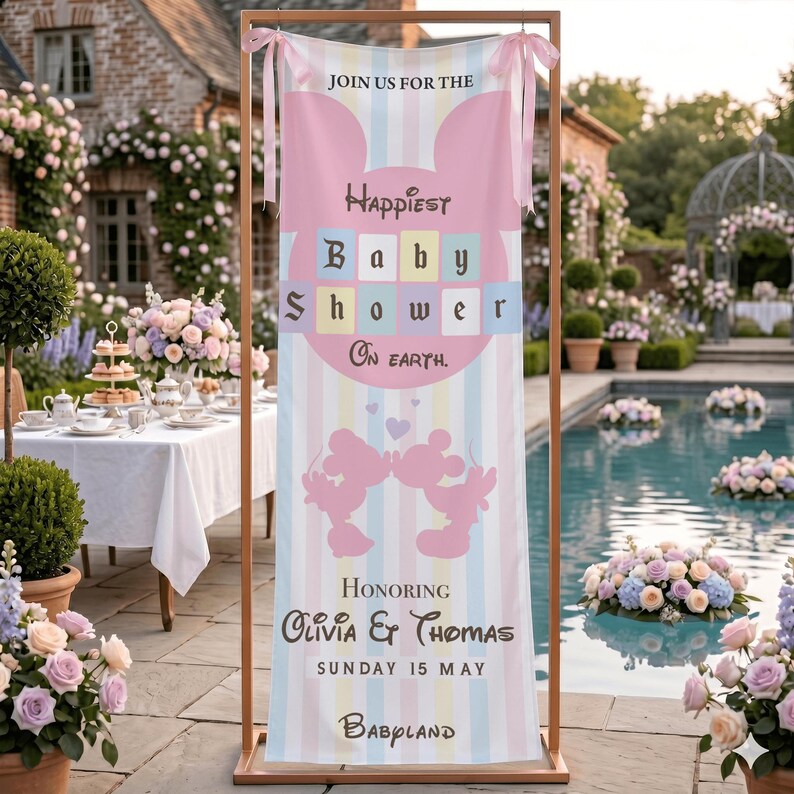 May include: A vertical banner for a baby shower, featuring a pastel striped background and a pink Mickey Mouse head shape at the top. The banner reads "Happiest Baby Shower On Earth" and honors Olivia & Thomas.