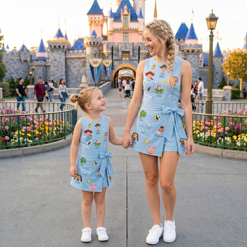 May include: Two light blue sleeveless dresses featuring a wrap-style skirt with a tie waist and an all-over print of various cartoon characters. Each dress has a round neckline and a fitted bodice, showcasing a matching design for two people.