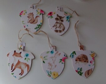 Set of 5 Woodland Creatures on Acorn Shaped Gift Tag Ornaments