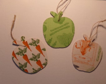 Three Apple Shaped Gift Tag Ornaments with Vegetable Print Fabric