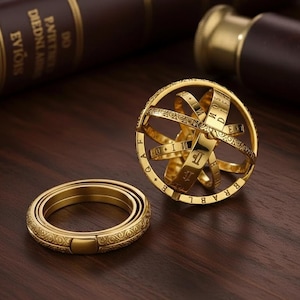 May include: A gold-colored, articulated armillary sphere and a matching ring sit on a dark wooden surface. The sphere has engraved markings and rotating bands. The ring is composed of several bands with an engraved pattern. A book and a telescope are in the background.