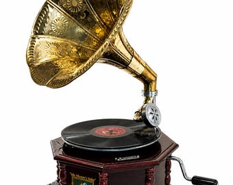 Vintage Brass Gramophone Record Player | Antique Style Phonograph, Wooden Base Home Decor