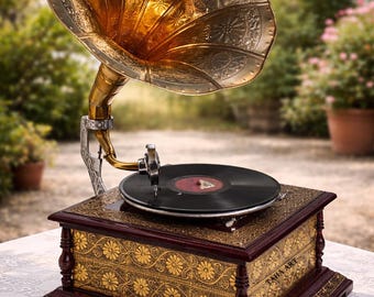 Handcrafted Brass Gramophone | Antique Style Record Player, Wooden Base, Retro Decor
