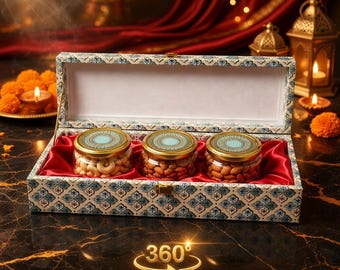 Luxury Dry Fruit Gift Box – Cashew Almond Glass Jars, Decorative Diwali Wedding Set
