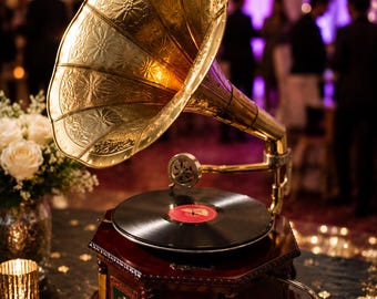 Vintage Brass Horn Gramophone, Handcrafted Antique Phonograph, Retro Music Decor