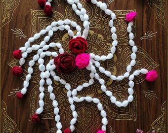 Handmade Crochet Flower Tassels | Pink, Red Yarn Hanging Decor, Boho Car Charm