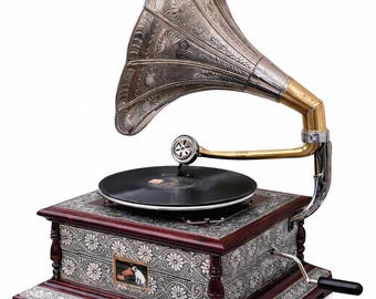 Handcrafted Vintage Gramophone with Engraved Silver Horn – Classic Antique Decor