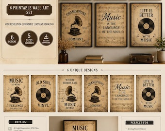Vintage Music Wall Art Set | Gramophone, Vinyl Posters (Digital Download)