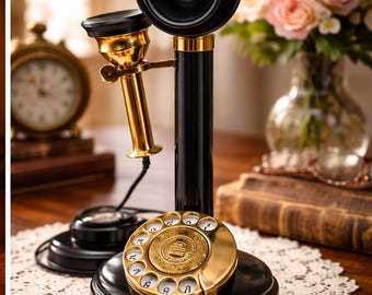 Vintage Candlestick Telephone – Black & Brass Antique Style Rotary Phone Décor
