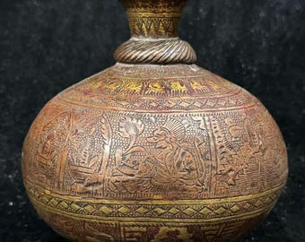 Vintage Hand Engraved Brass Vase | Antique Indian Tribal Art Decorative Vessel