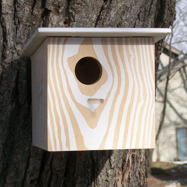 Modern Faux Wood Grain Birdhouse - Nest Box - White Natural - Bird House