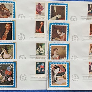 May include: A collection of vintage postage stamps and envelopes. The stamps feature portraits of people and objects, framed in blue borders. The envelopes are stamped with "First Day of Issue" and the date "Jun 8 1974".
