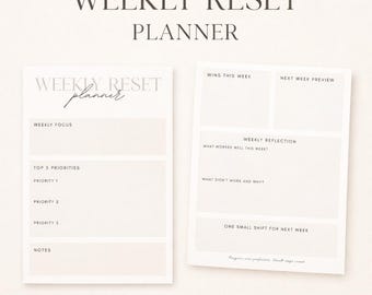 Afdrukbare pdf wekelijkse resetplanner – minimalistisch zondagsoverzicht en reflectiewerkblad (A4 en US Letter)