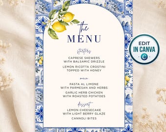 Blue Tile Lemon Menu Template, Editable Canva Template, Amalfi Coast Italian Menu, Mediterranean Dinner Menu, Positano Bridal Shower Menu