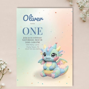 Invitación de cumpleaños de dragón pastel con patchwork, linda invitación para fiesta de bebé dragón, invitación editable para el primer cumpleaños, plantilla de Canva