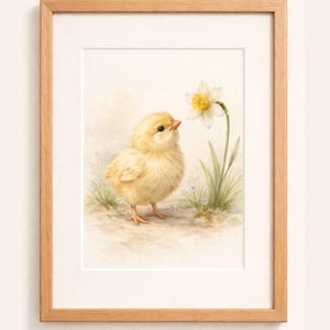 Vintage Baby Chick Nursery Wall Art Printable, Spring Daffodil Easter Decor. Neutral Baby Room Printable. Instant Digital Download