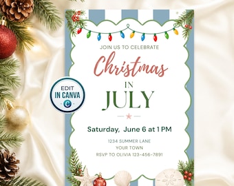 May include: A rectangular Christmas in July party invitation card featuring a scalloped white center with blue and white stripes, decorated with string lights, pine branches, red berries, a starfish, and seashells, with text details.