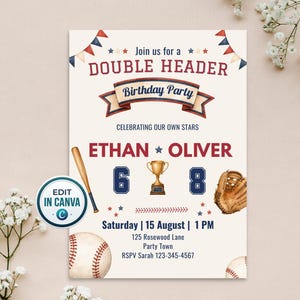 May include: Baseball-themed birthday party invitation with text "DOUBLE HEADER Birthday Party". Features baseball bat, ball, glove, and trophy graphics. Includes date, time, and RSVP information. The invitation is editable in Canva.