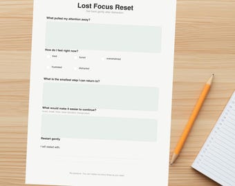 Verloren focus Resetblad | Zachte herfocus na afleiding | ADHD-vriendelijke focusplanner | Afdrukbare pdf